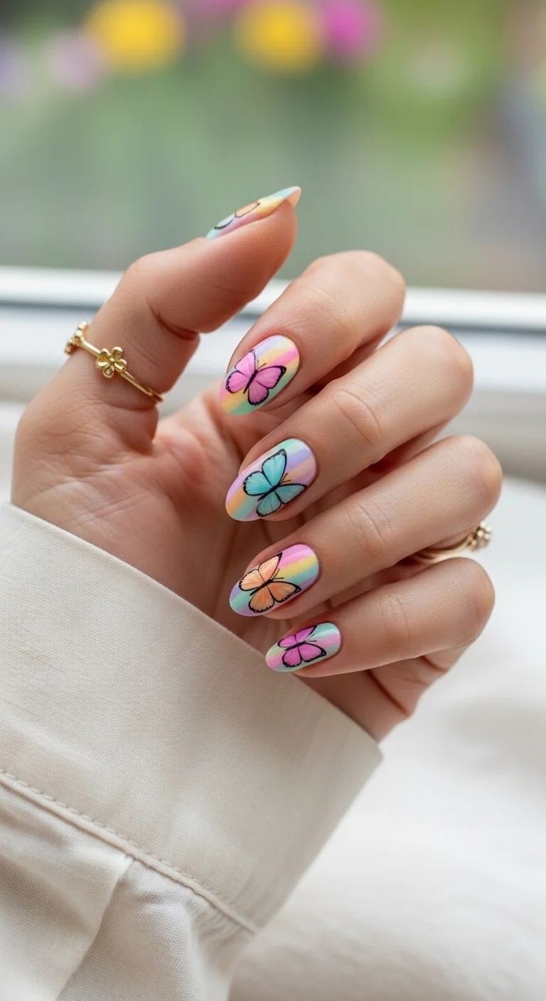 Almond shape nails with pastel rainbow gradient blending pink, peach, mint, and lavender, with black butterfly silhouettes whose wing interiors match the gradient with glossy finish.