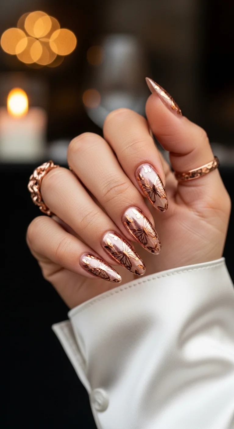 Almond stiletto nails with rose gold chrome metallic base, black outlined butterfly illustrations with intricate wing veining, and small gold foil flakes with high shine metallic finish.