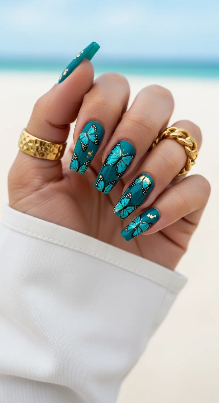 Long coffin nails in deep teal with gold foil and butterfly art.