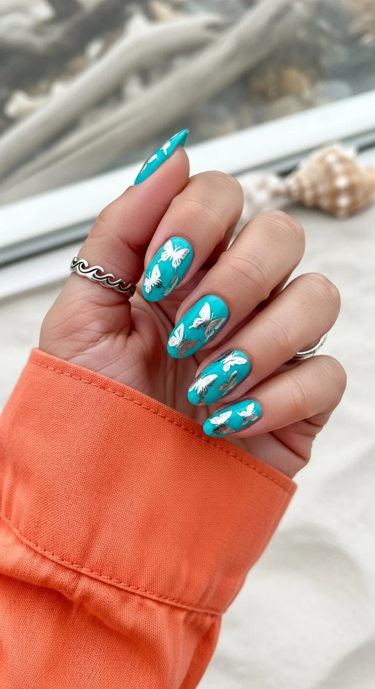 Almond nails in bright turquoise with silver butterfly decals.