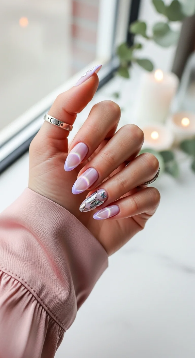 Almond nails with lavender aura and silver butterfly art.