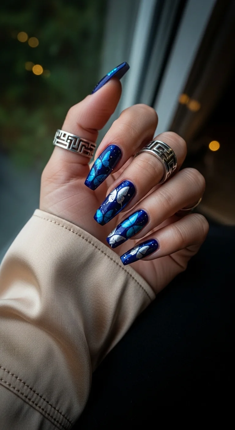 Long coffin nails in midnight navy with silver butterfly art.