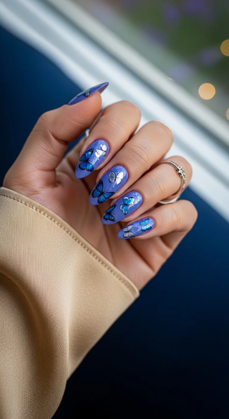 Almond nails in periwinkle with deep blue butterfly art.