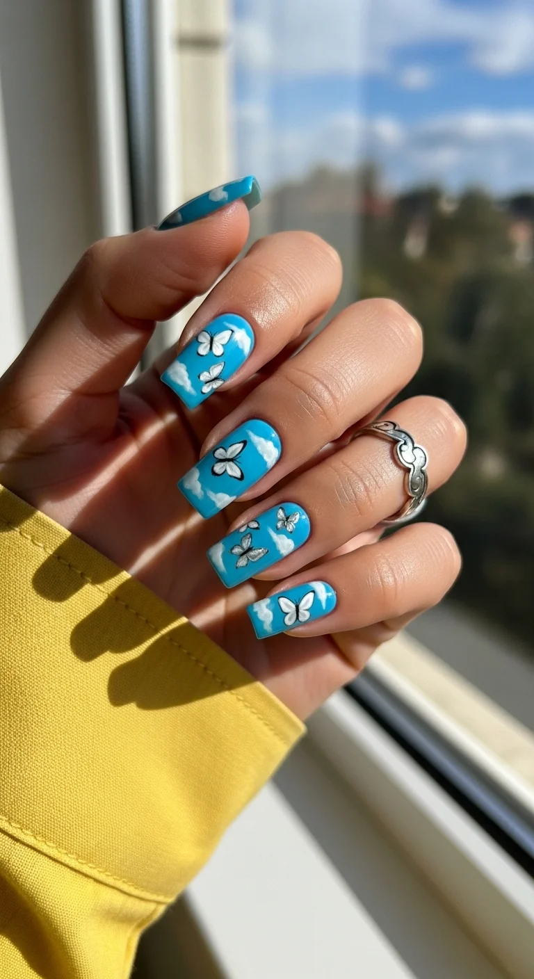 Short coffin nails in bright sky blue with white cloud shapes and white butterflies with black-outlined wing edges.