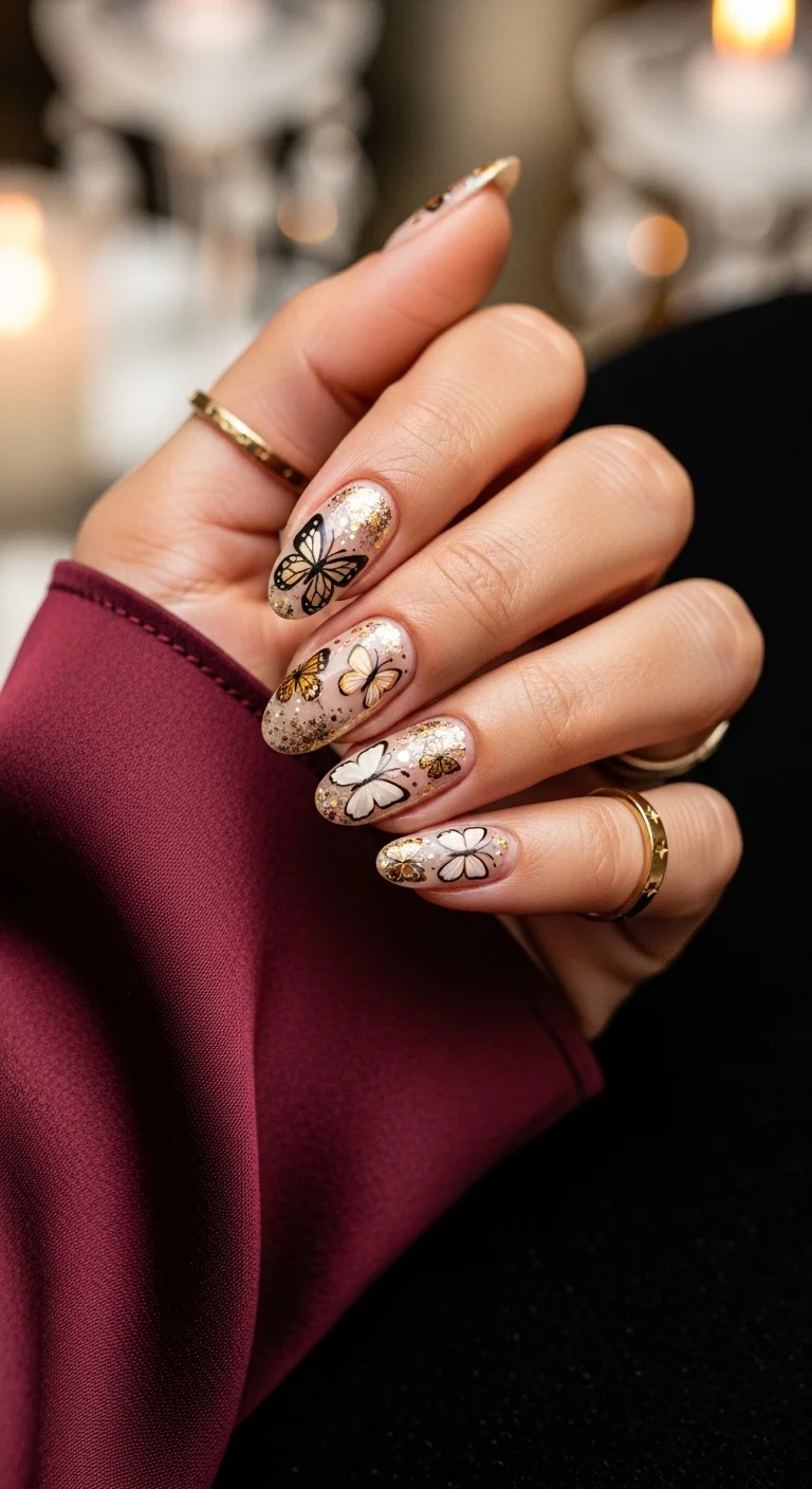 Almond shaped nails with gold glitter and butterfly nail art.