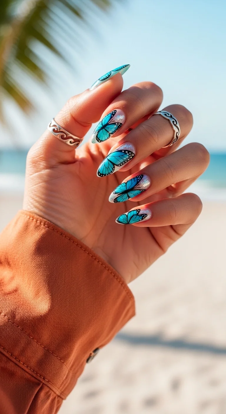 Almond nails with blue ombre, silver sparkle, and butterfly wing art.