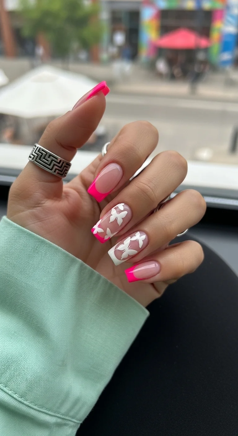 Coffin nails with nude base, neon hot pink French tips, and solid white butterfly silhouettes on the ring and middle fingers.