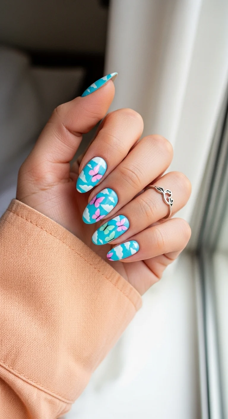 Almond nails with bright turquoise base, white cloud details, and pink and green butterflies