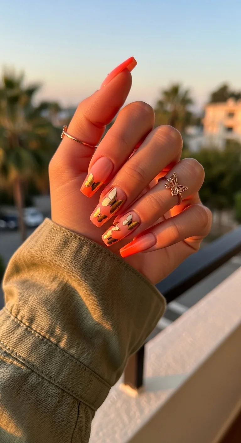 Long coffin nails with orange ombre and gold butterfly art.