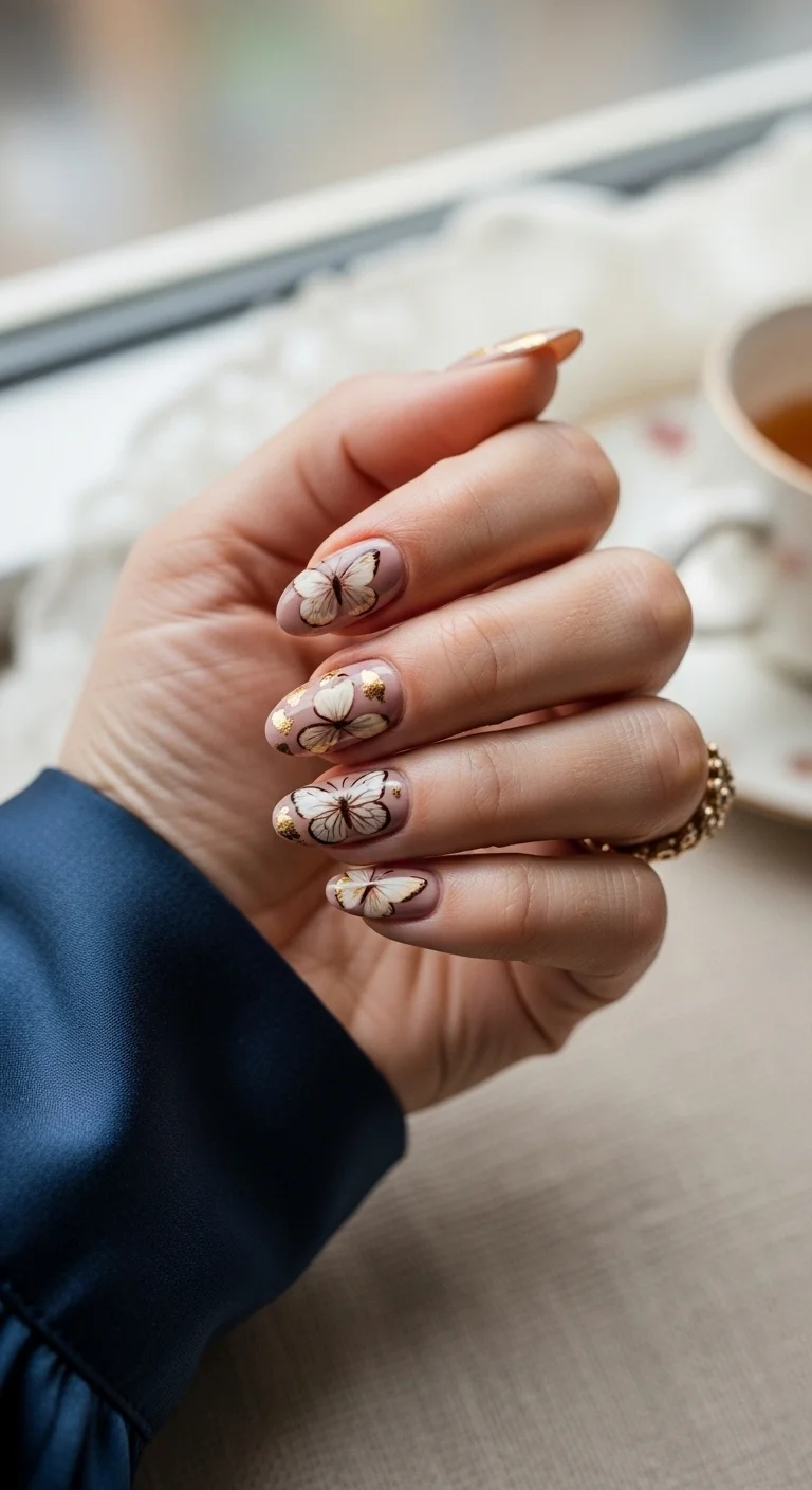 Almond nails in dusty rose with creamy white butterfly and gold accents.