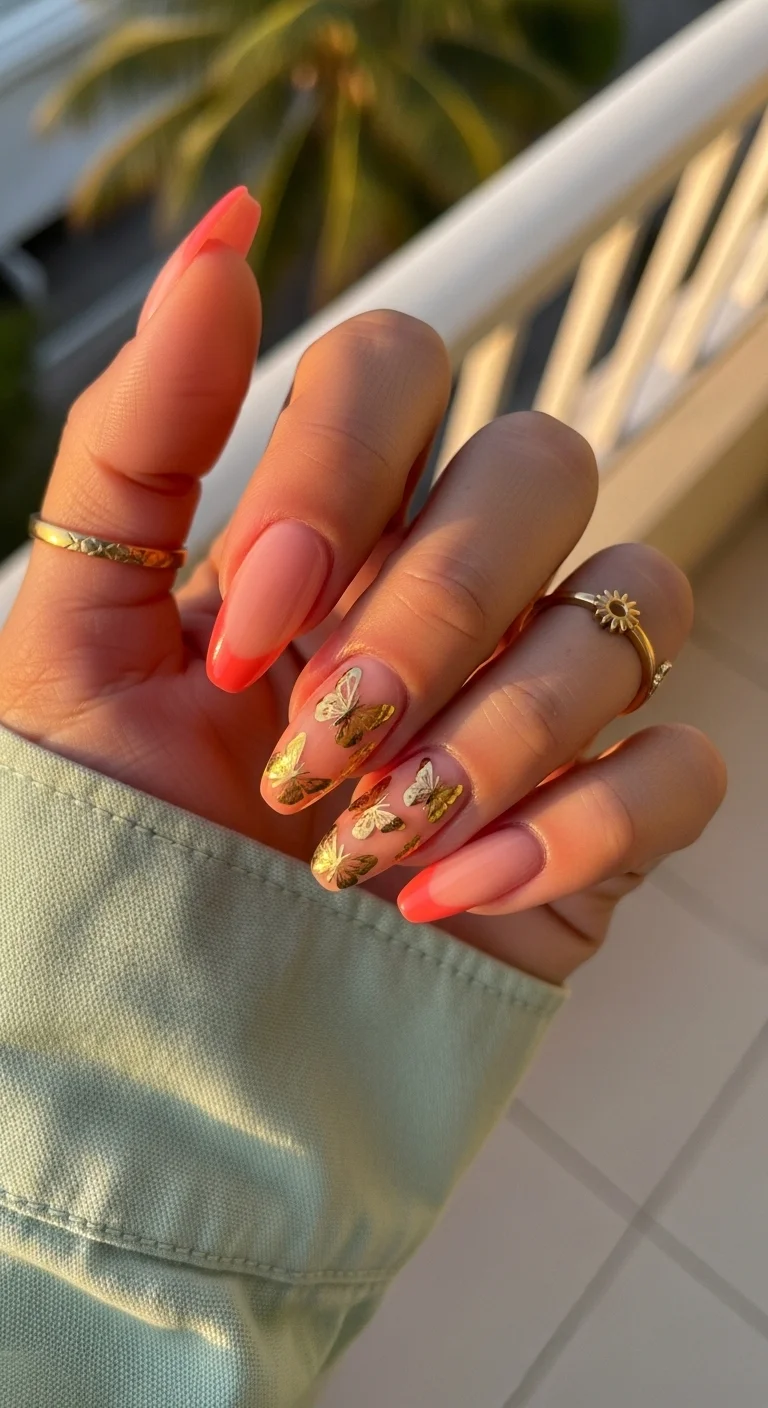 Long coffin nails with neon orange French tips and gold butterfly art.