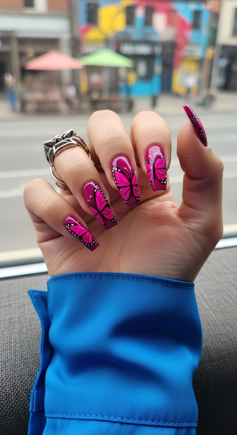 Long coffin nails in magenta with black monarch wing art.
