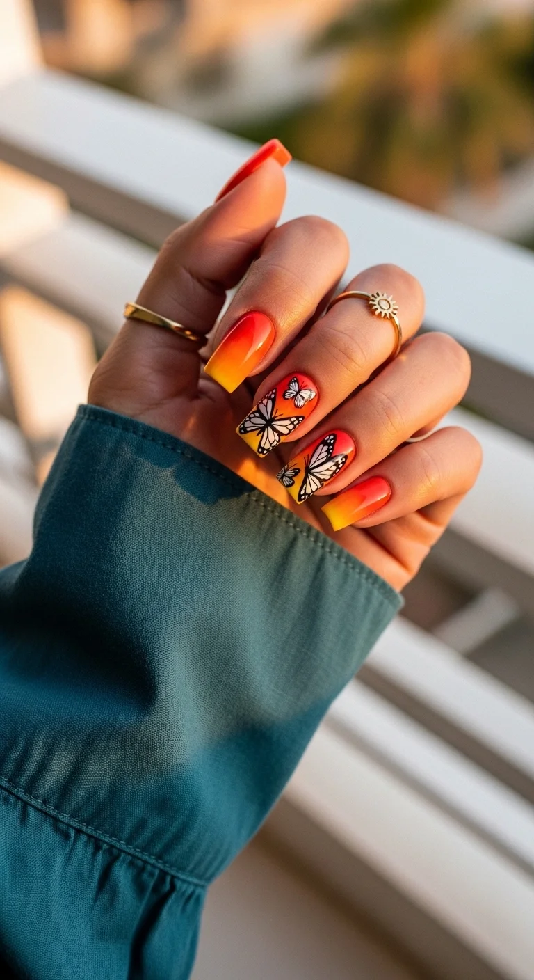 Coffin nails with red to orange to yellow ombre and white monarch butterflies with black outlines