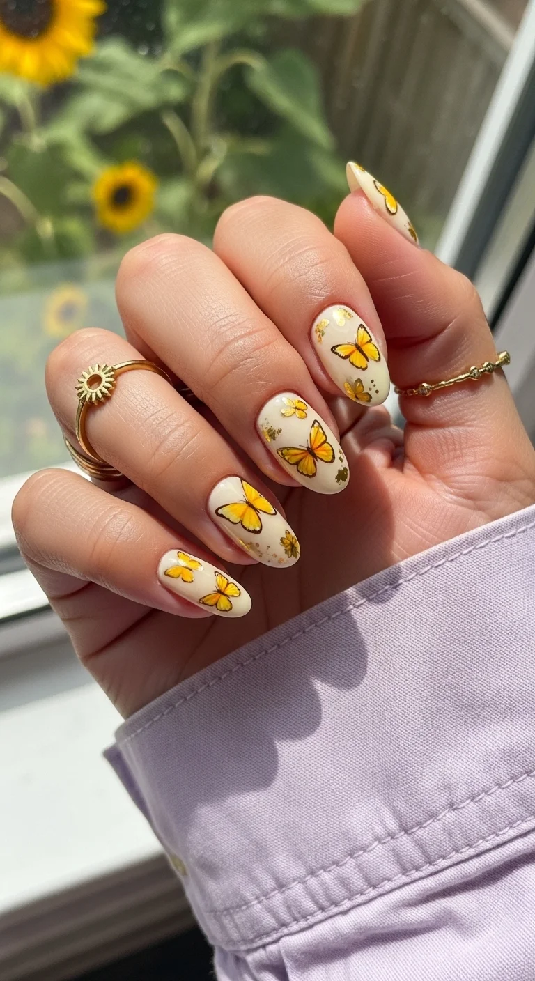Almond nails in creamy yellow with yellow butterfly and gold accents.