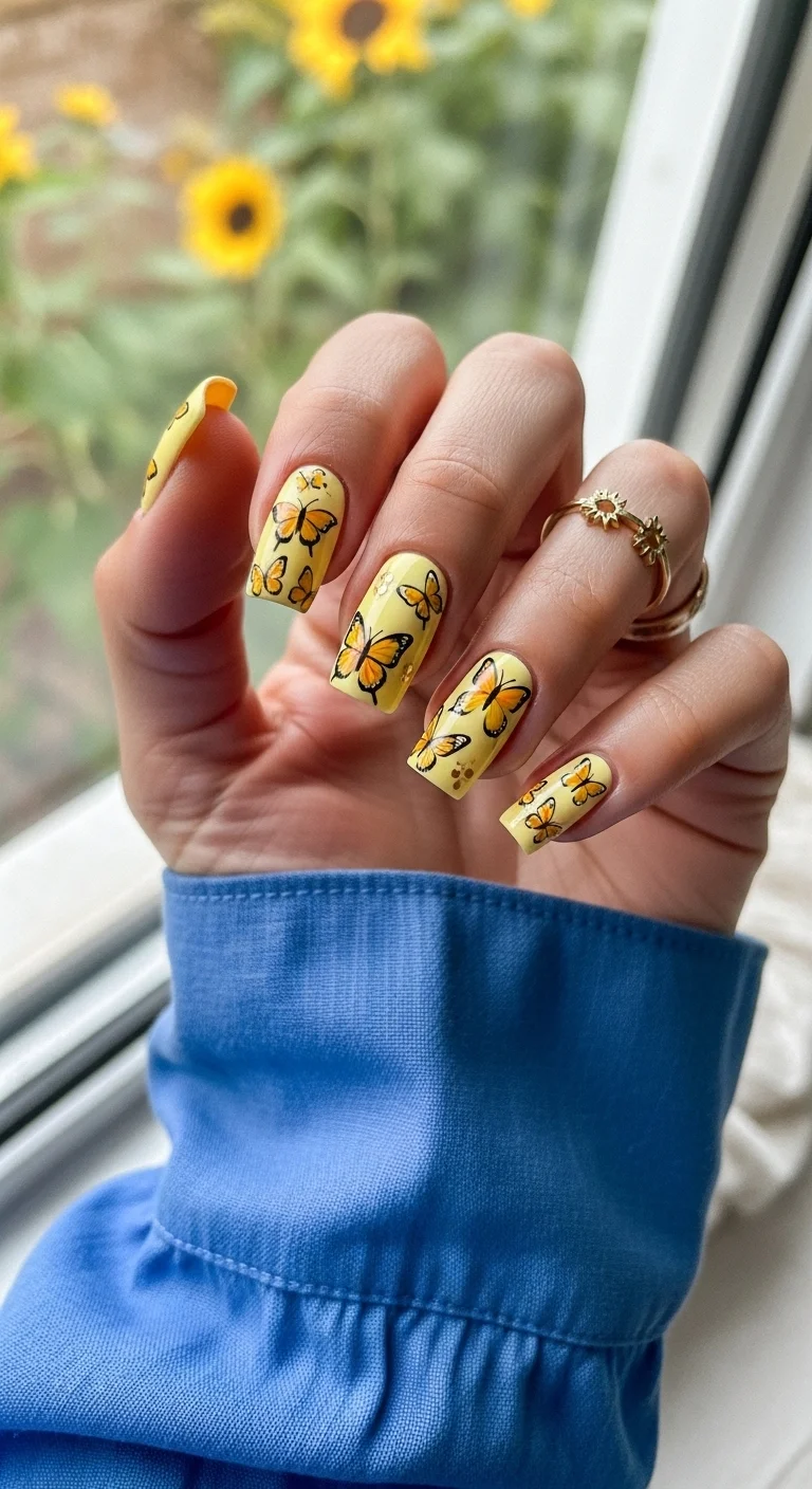 Coffin nails with bright sunny yellow base and orange and yellow monarch butterflies with black outlines