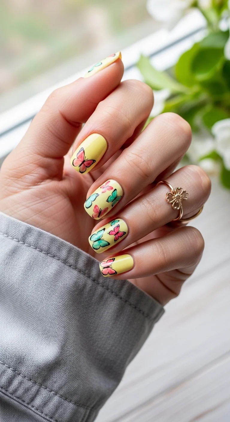 Almond nails with soft pastel yellow base and multicolored butterflies in pink and teal with black outlines