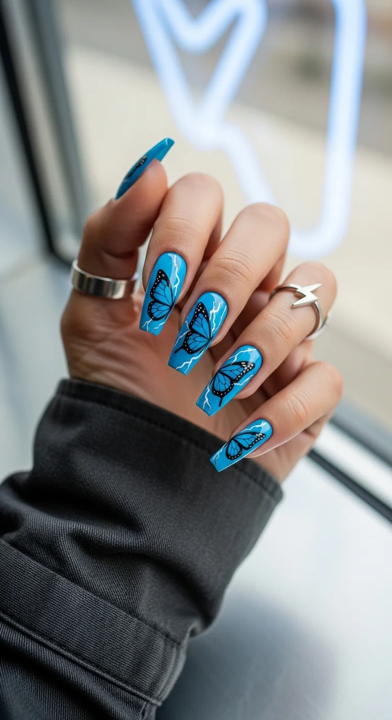 Long coffin nails with vivid electric blue base, black butterfly wing silhouettes, and white lightning bolt streaks with high gloss finish.