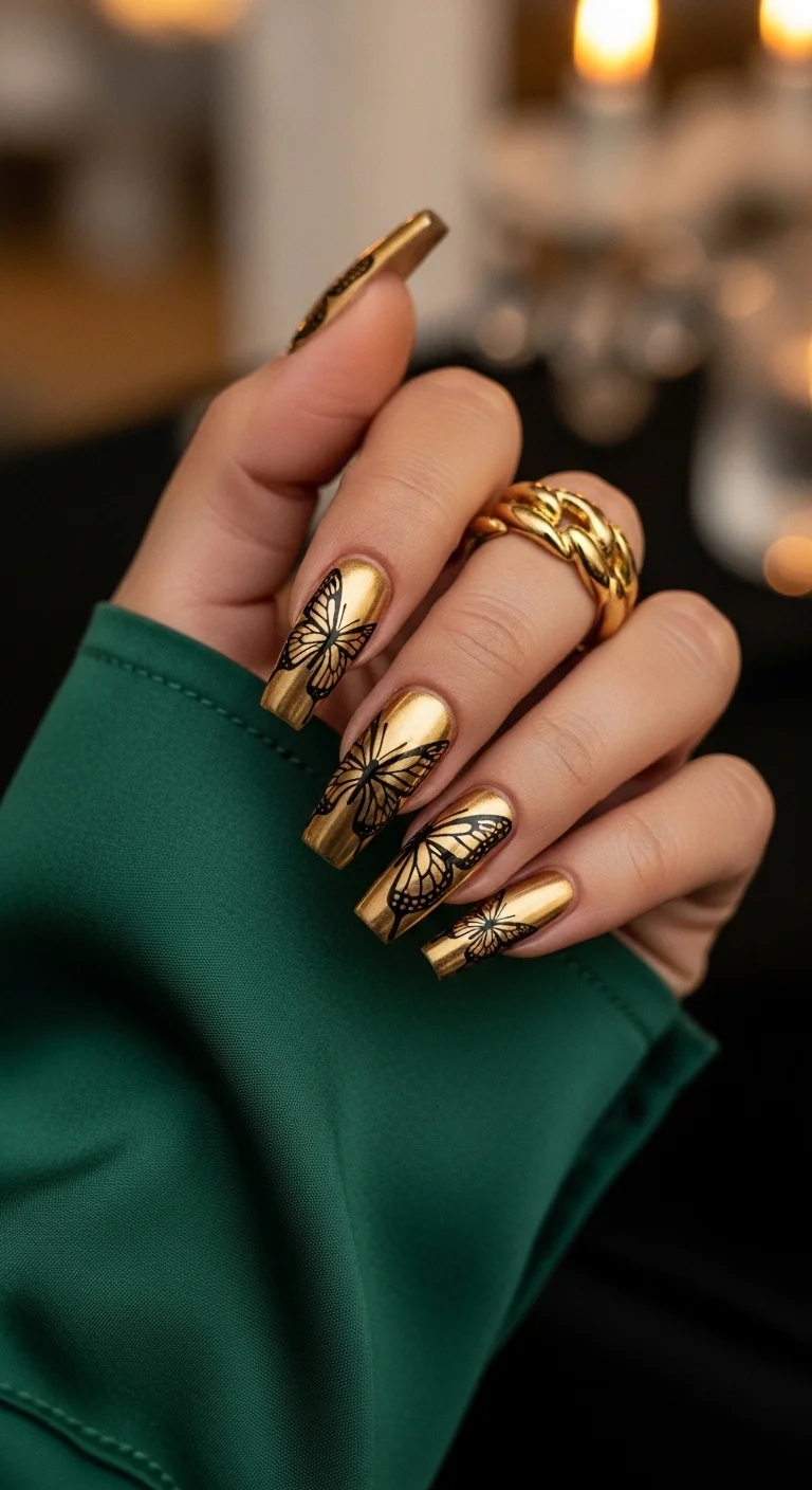 Long coffin nails with metallic liquid gold chrome base and black butterfly lace wing outlines with high shine metallic finish.