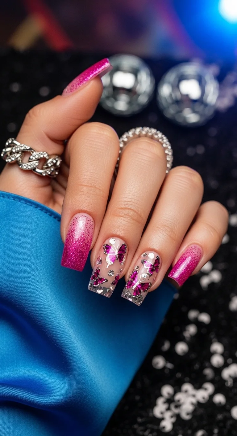 Long square nails with fuchsia to silver glitter gradient, clear sections with magenta butterfly decals, silver glitter flakes, and rhinestone accents.