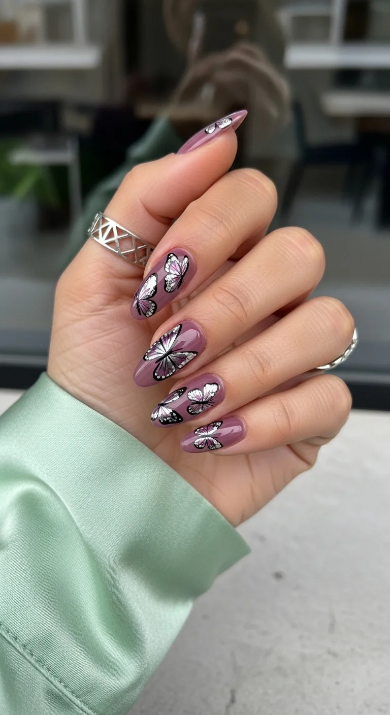 Almond stiletto nails with dusty rose mauve base, white and black butterflies with silver chrome foil edges creating a stained glass appearance with glossy finish.