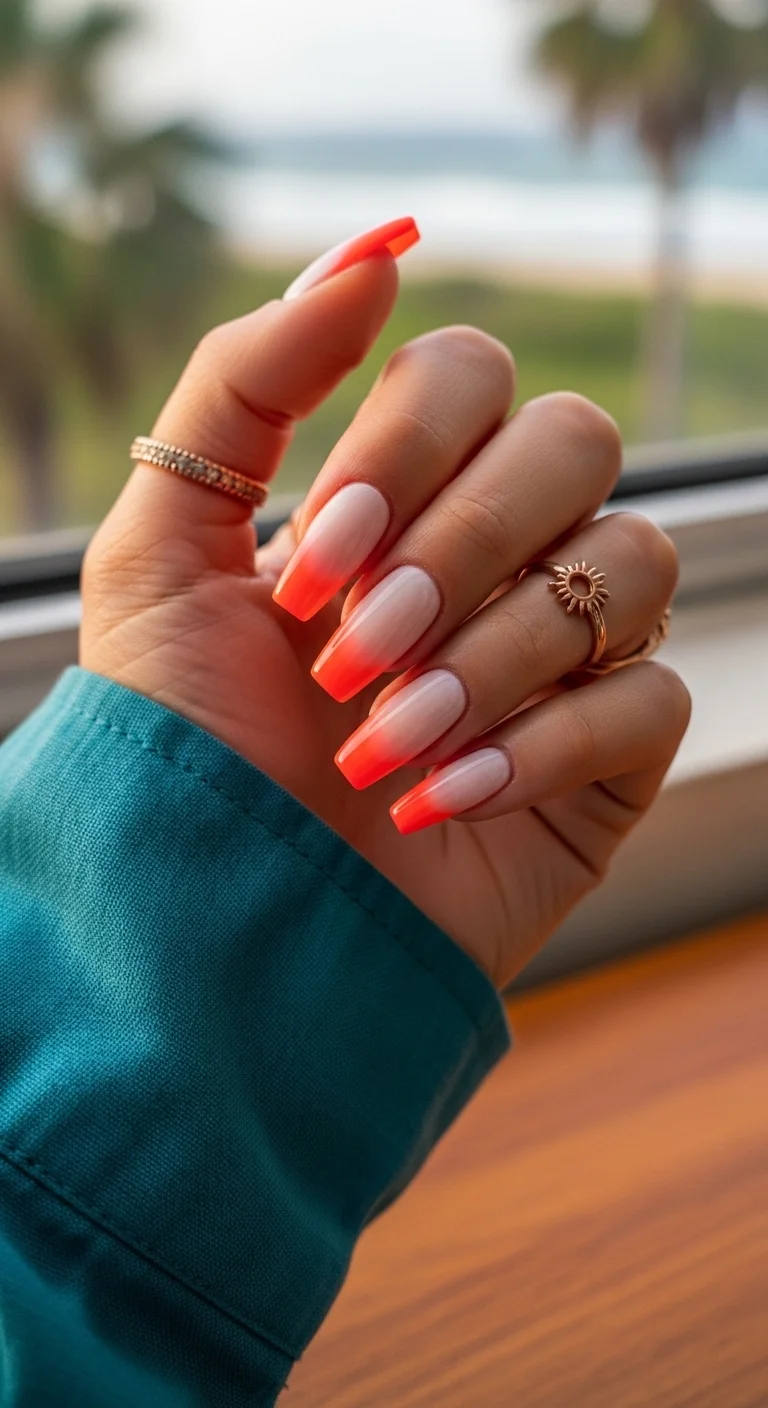Long coffin nails with a nude base and neon orange-to-peach ombre French tips.