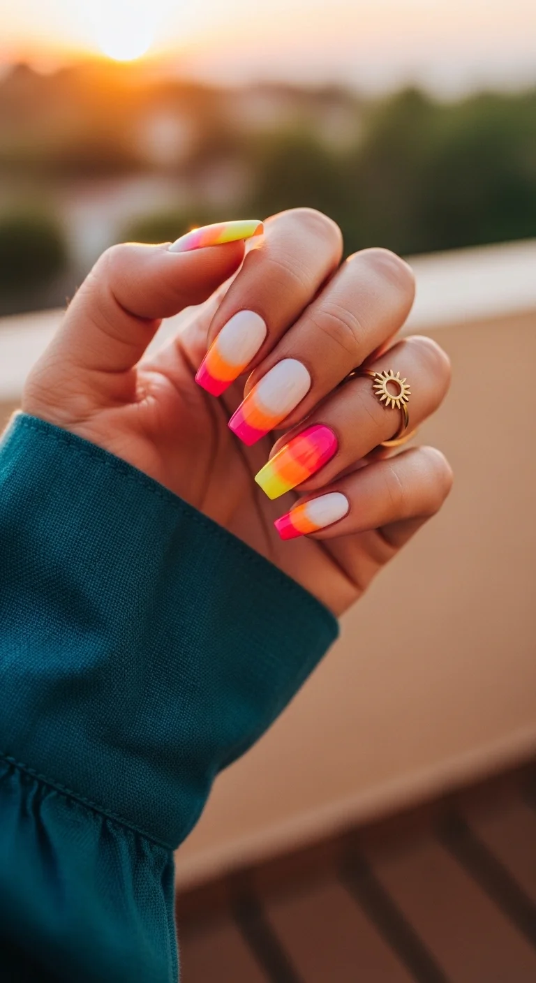 Long square nails with a milky base and a pink, orange, and yellow sunset ombre tip.