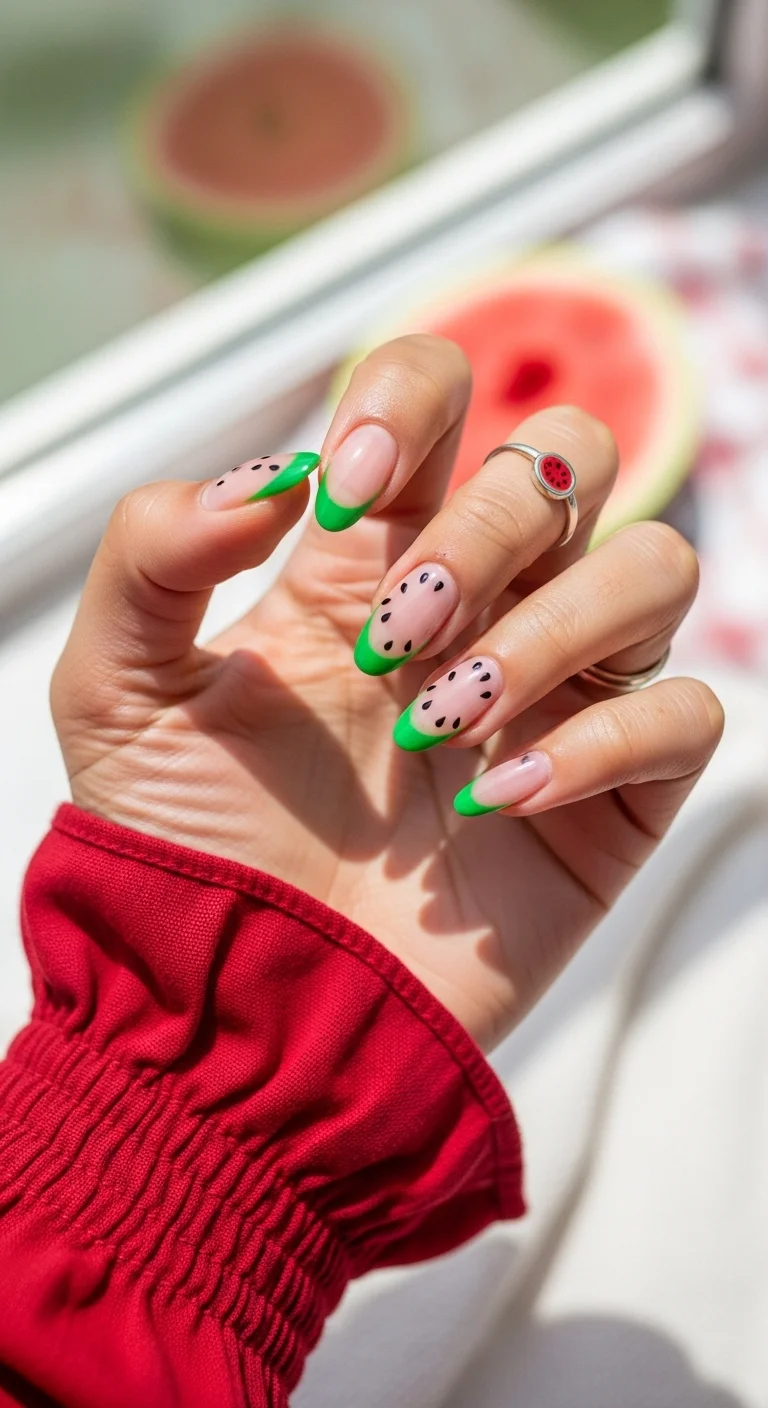 Almond nails with a pink base, green French tips, and tiny black seed details.