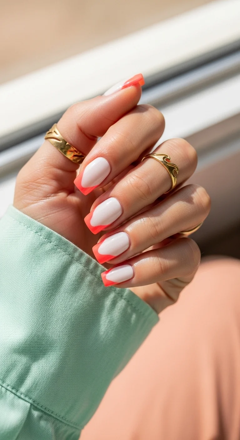 Medium square nails with a milky base and abstract wavy coral French tips.