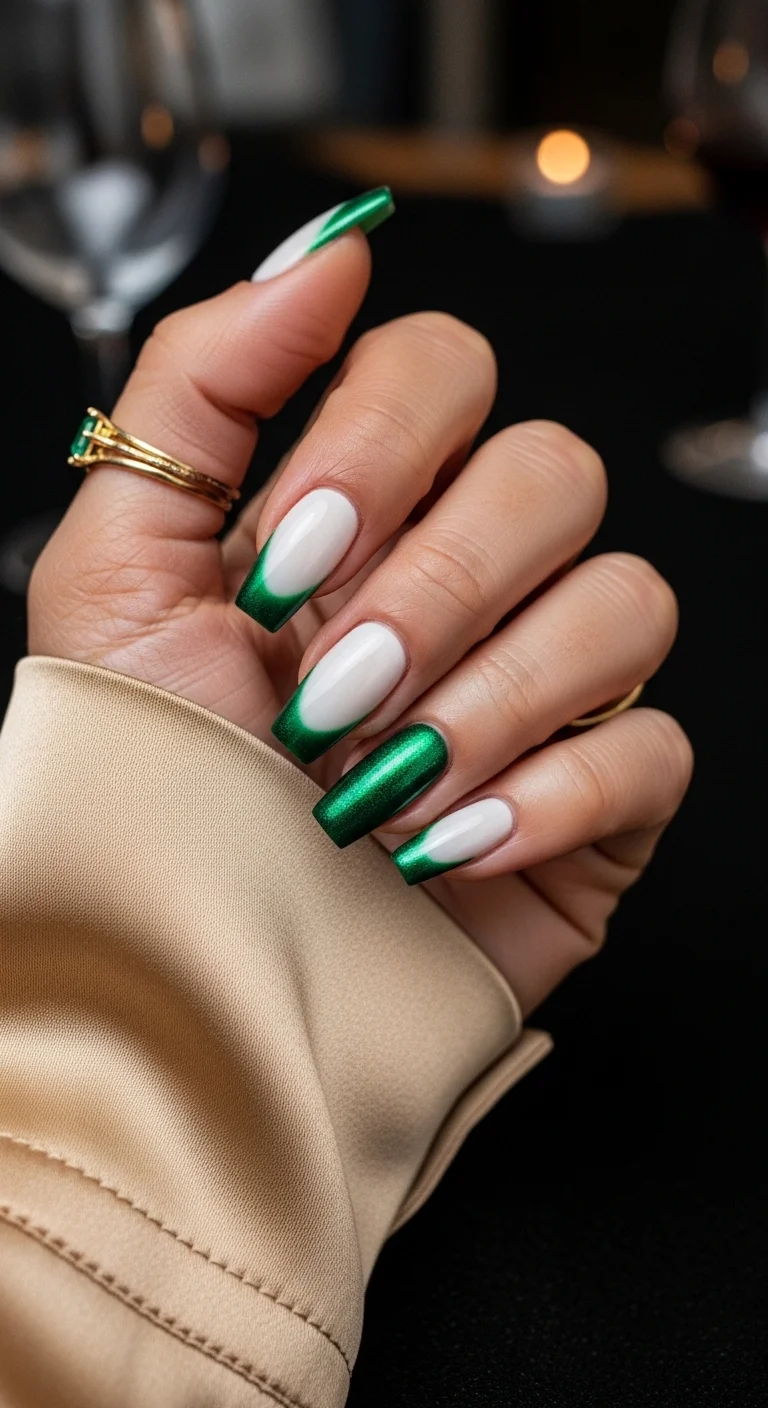 Square nails with a white base and metallic emerald green French tips and full accents.