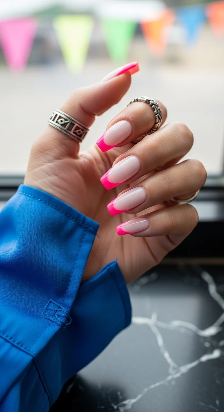Long square nails with a soft nude base and neon hot pink French tips.