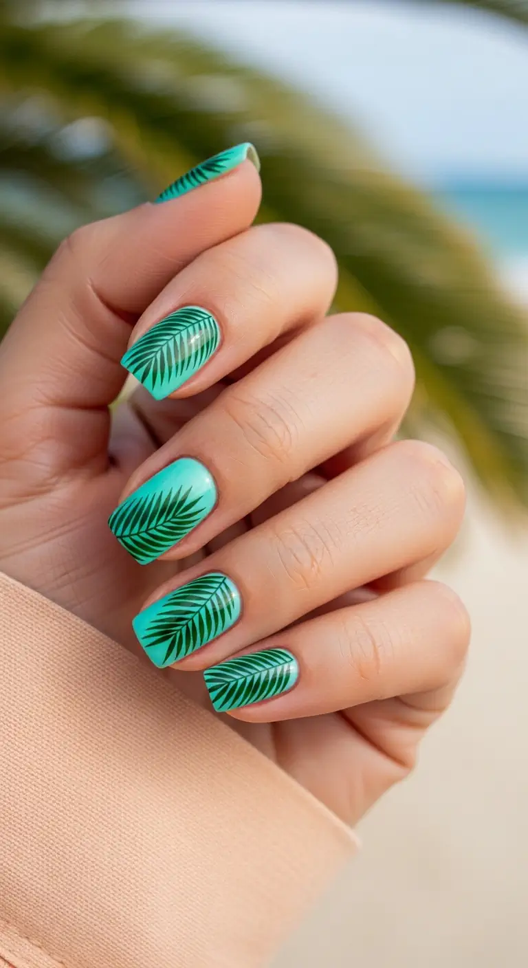 Short square aqua green nails featuring detailed dark green tropical palm leaf patterns