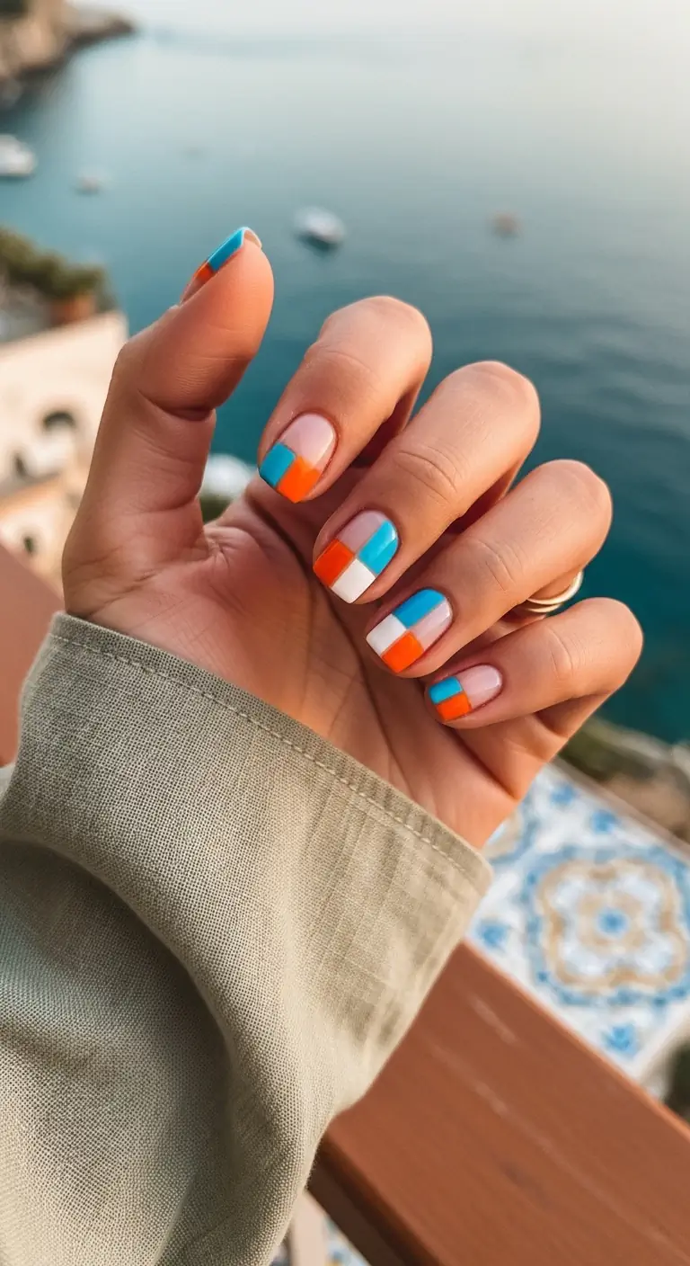 Short squoval nails featuring a nude base with geometric square color-blocking in bright blue, orange, and white at the tips