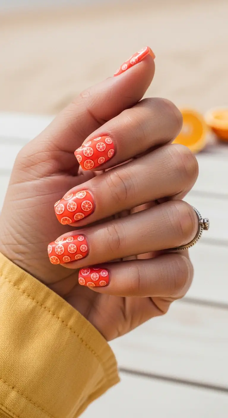 Vibrant orange short squoval nails featuring white citrus fruit slice patterns