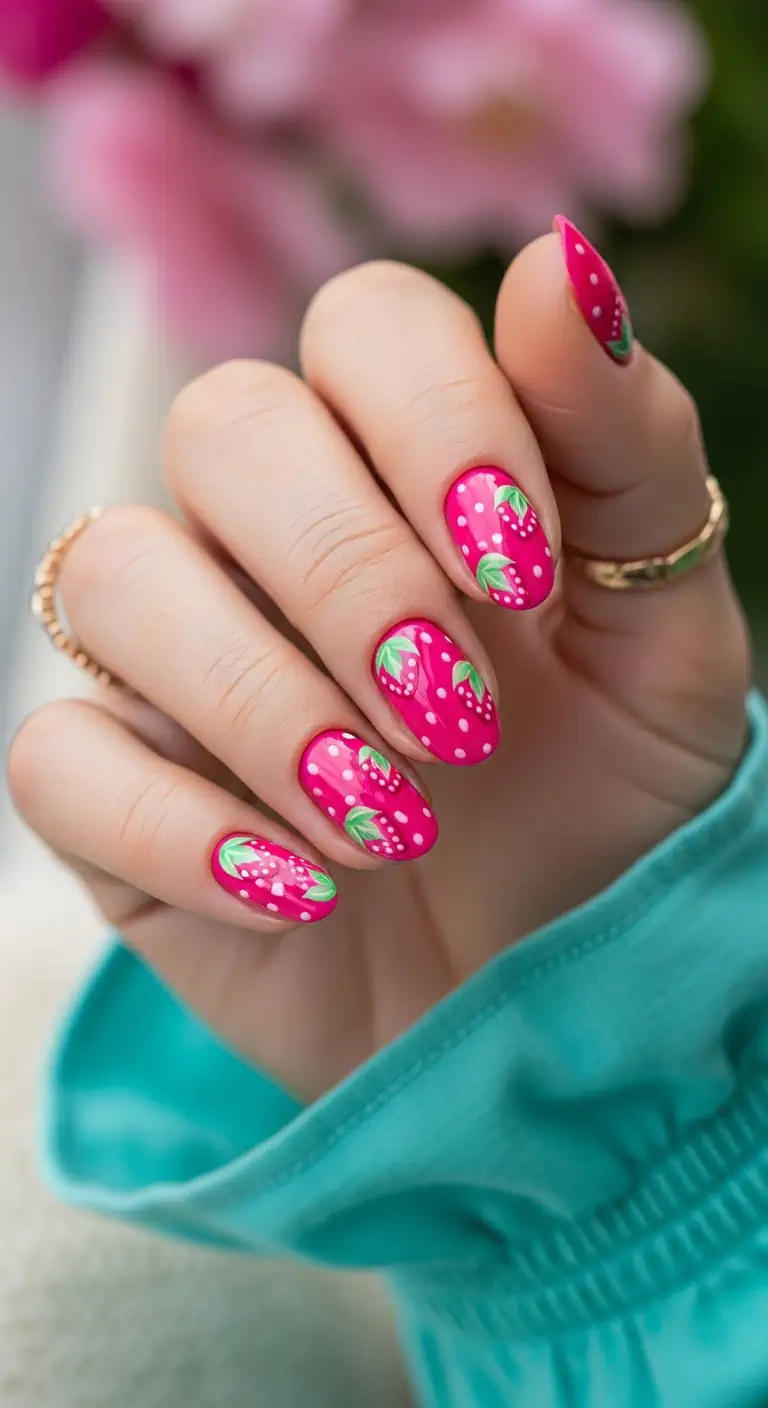 Bright pink short oval nails decorated with hand-painted strawberries and tiny white polka dots