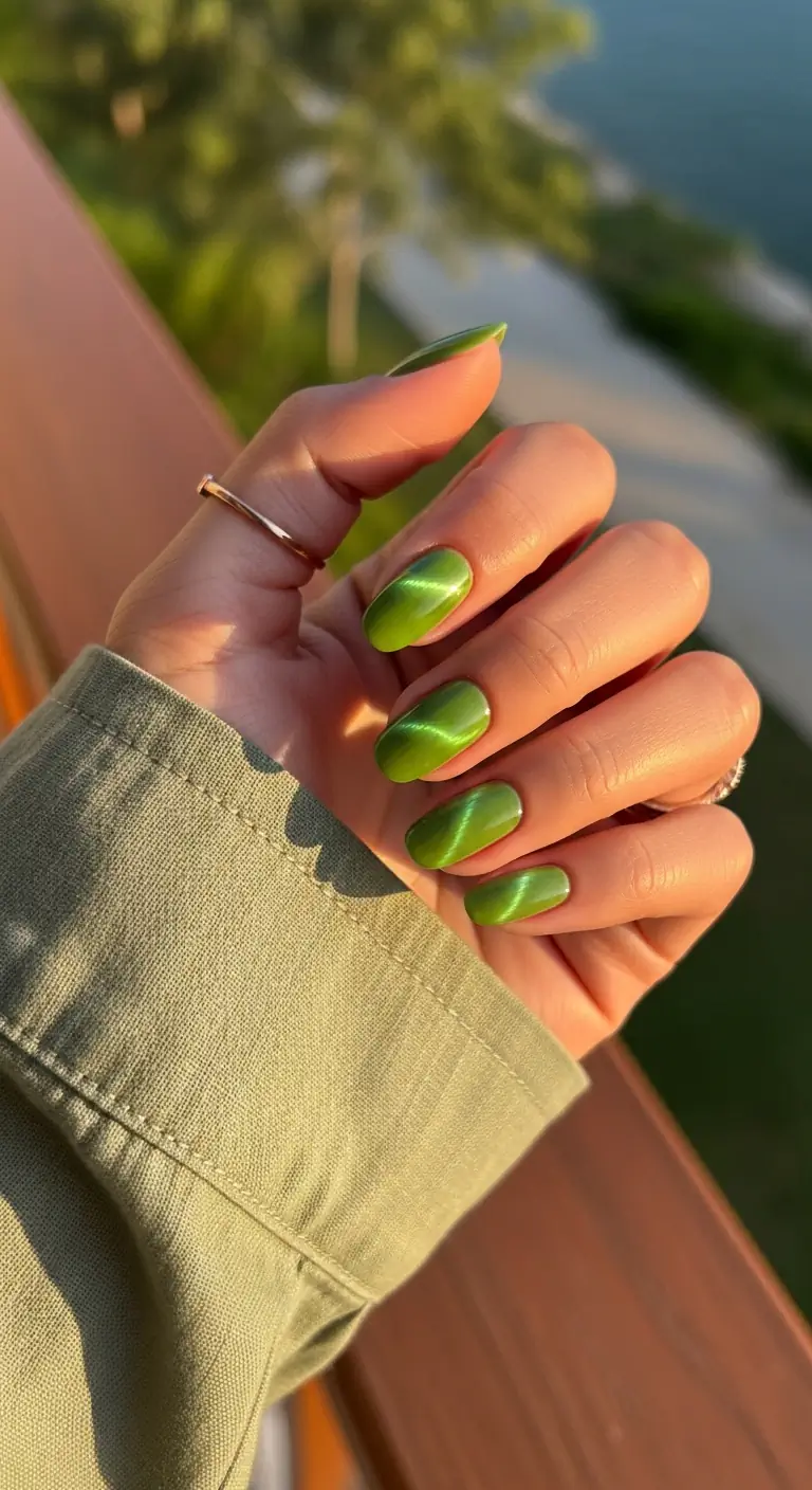 Short oval nails coated in a bright chartreuse green magnetic cat-eye gel polish with a velvety shimmer