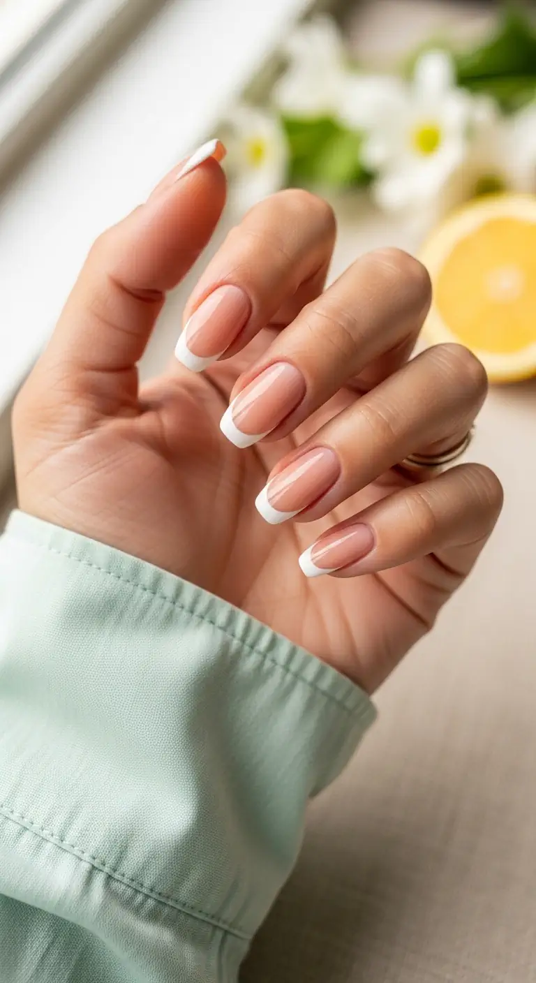 Flawless short squoval nails with a glossy milky pink base and perfect white French tips