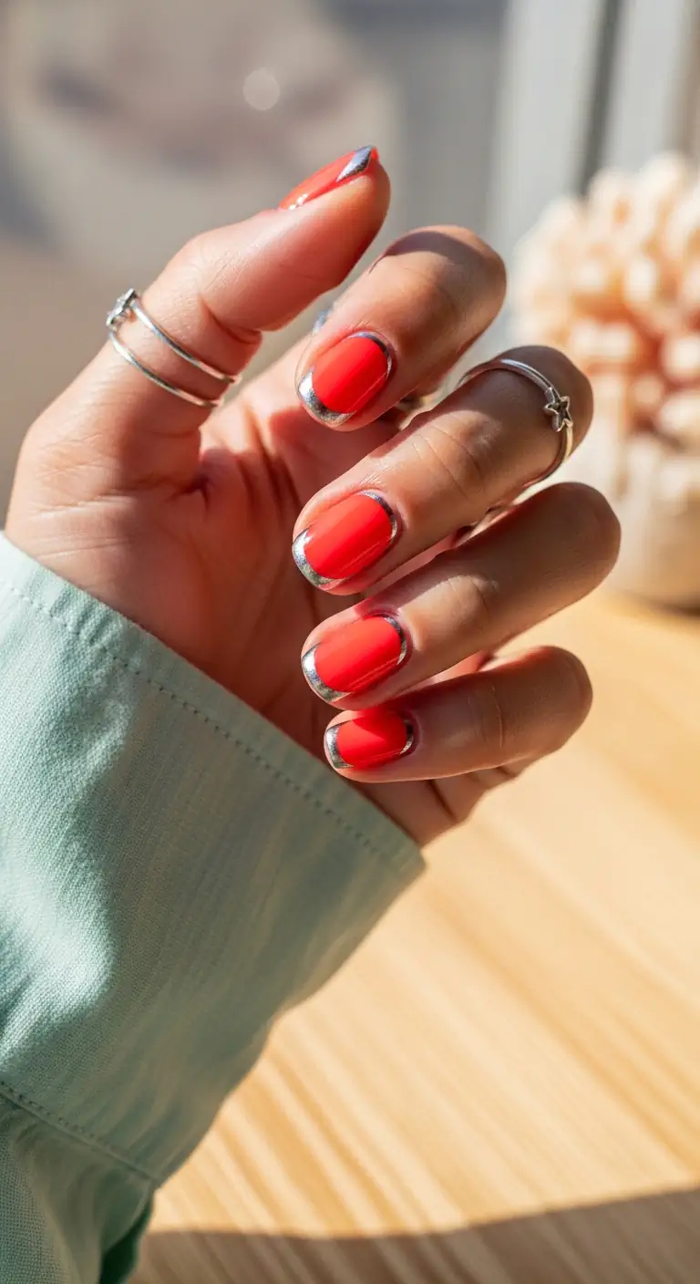 Short squoval nails painted in a bright coral-red with a metallic silver border outlining the cuticle and sides