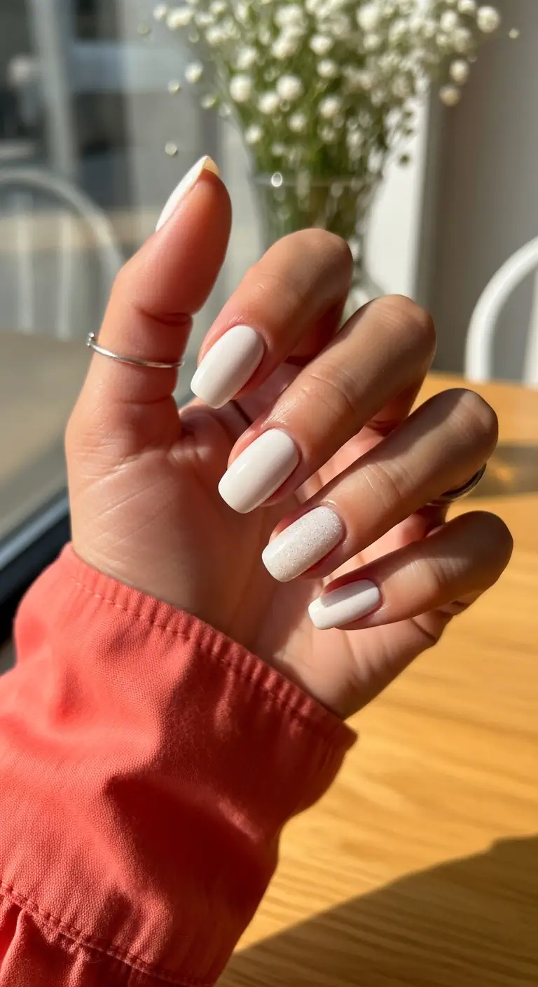 Short squoval nails painted in a creamy off-white with one textured, glittery accent nail