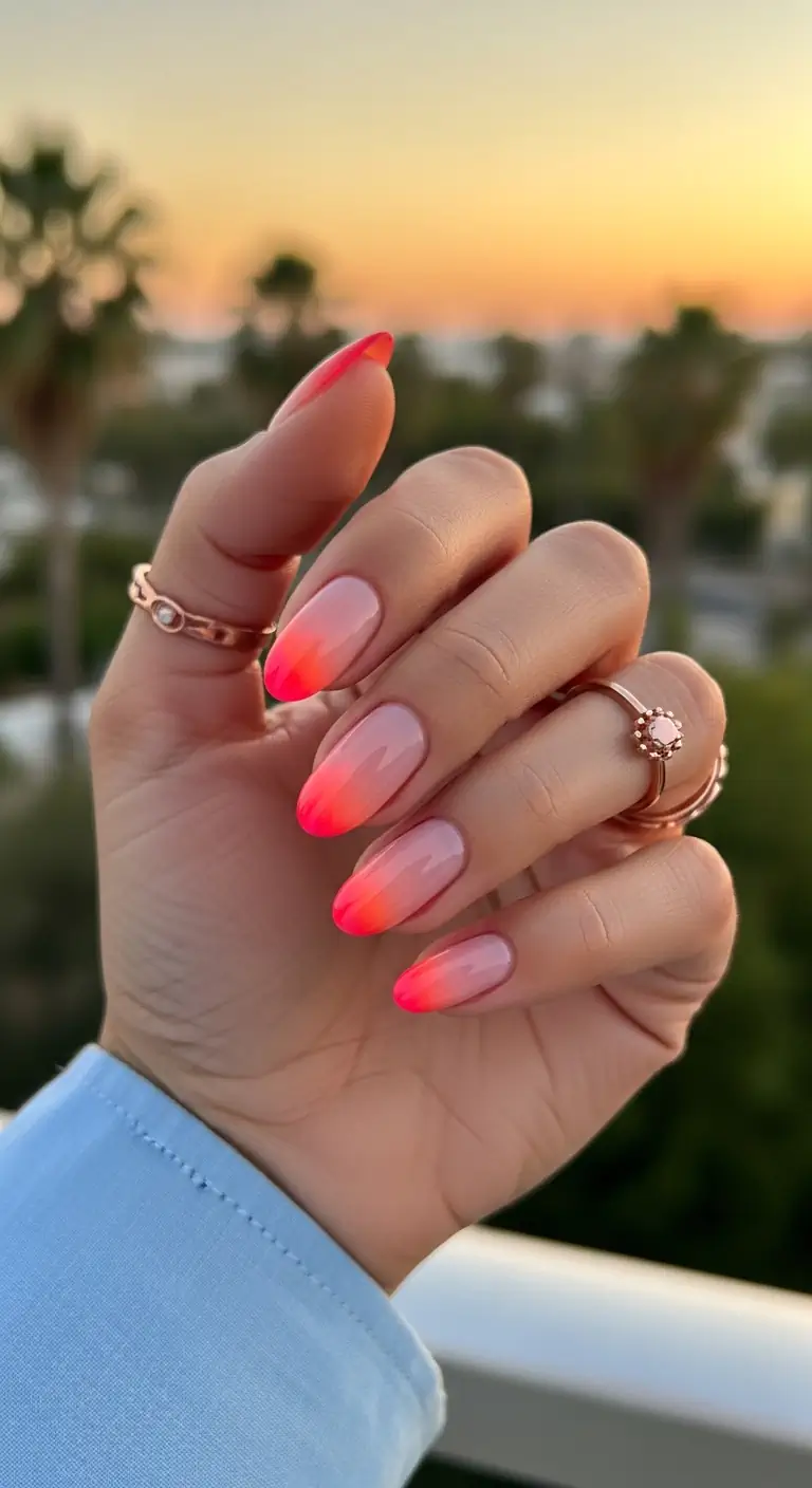Short oval nails featuring a seamless gradient fading from a sheer nude base to a bright neon coral tip