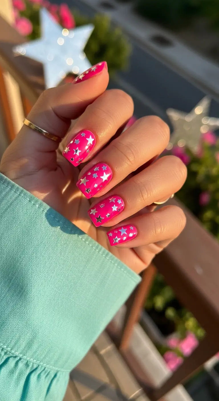 Neon hot pink short square nails covered in silver holographic star decals