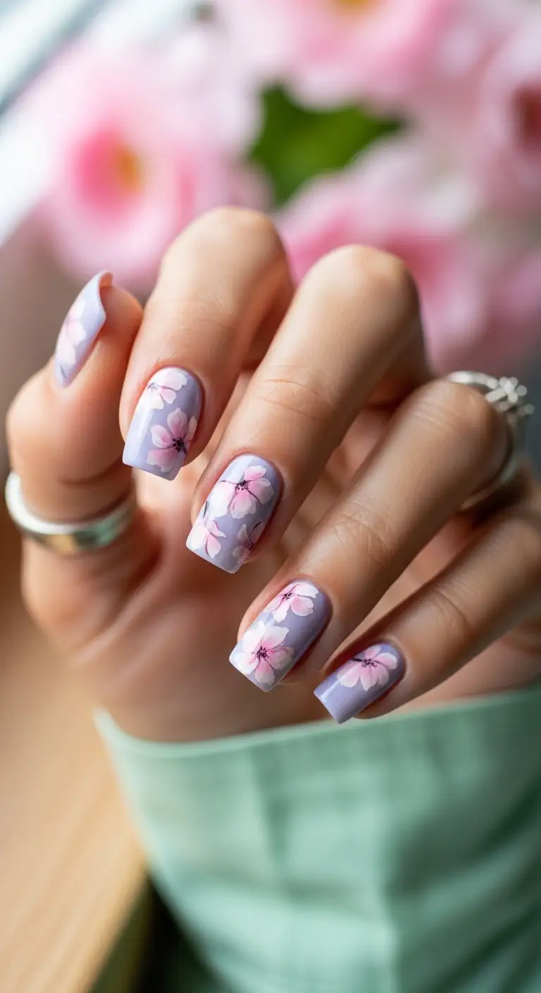 Short square nails with a soft lavender base and delicate watercolor-style pink floral art