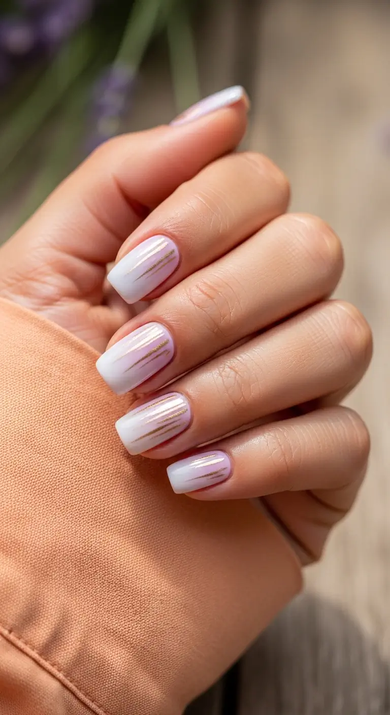 Sheer milky pink short squoval nails featuring vertical metallic gold foil stripes