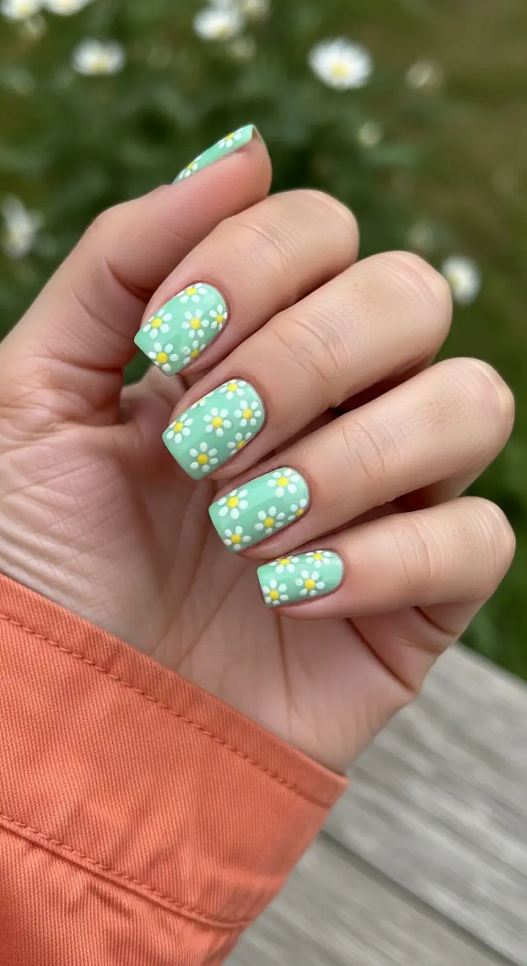 Pastel mint green short square nails decorated with white and yellow daisies