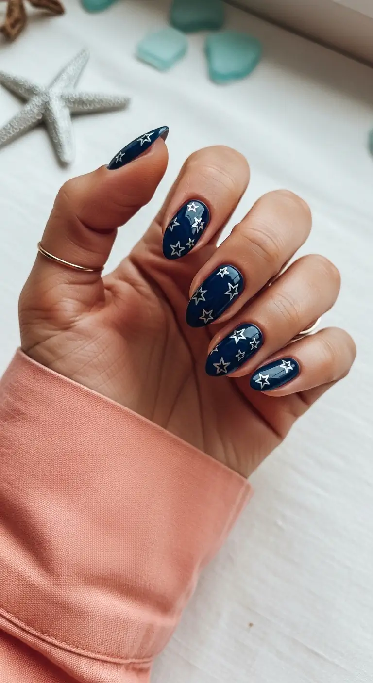 Short almond nails with a deep navy blue glossy base and silver metallic star outlines