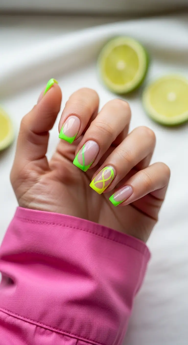 Short square nails featuring a nude base with bright neon lime green French tips and abstract swirly lines