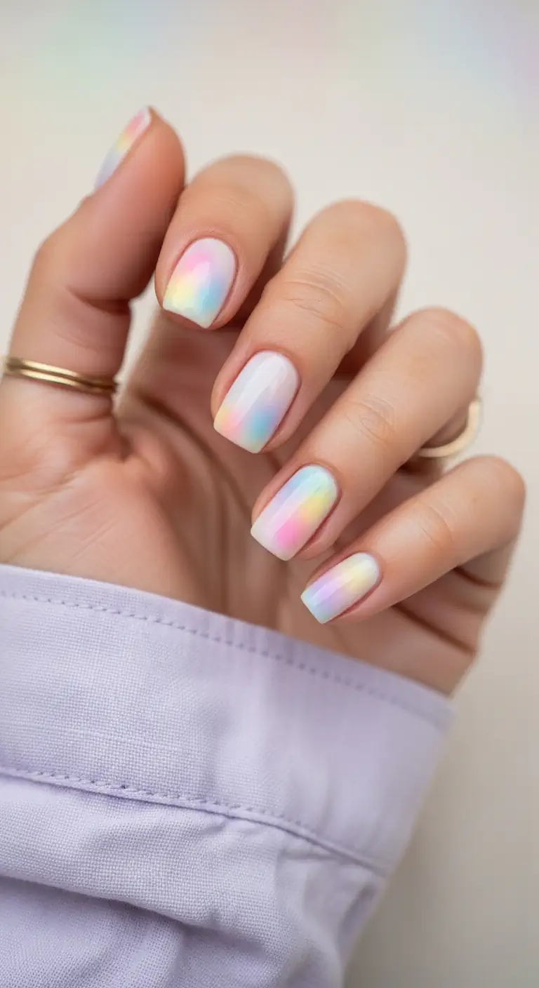 Short square nails with a milky white base and a diffused pastel rainbow aura in the center