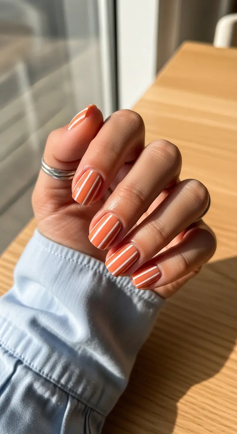 Short squoval nails with a muted peach base covered in precise, thin vertical white stripes