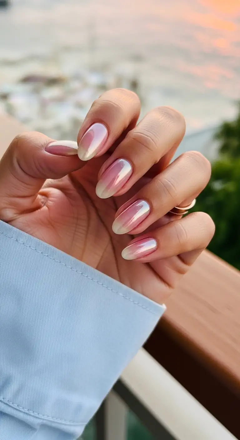 Short oval nails with a soft, sheer pinkish-nude base topped with a highly reflective white pearl chrome powder