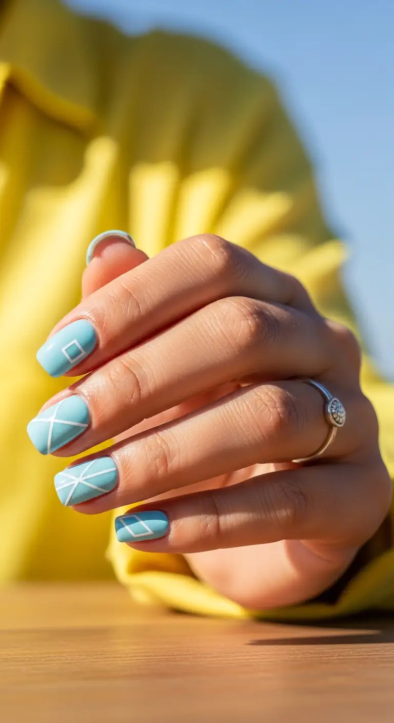 Bright sky blue short squoval nails with crisp white intersecting geometric lines and squares