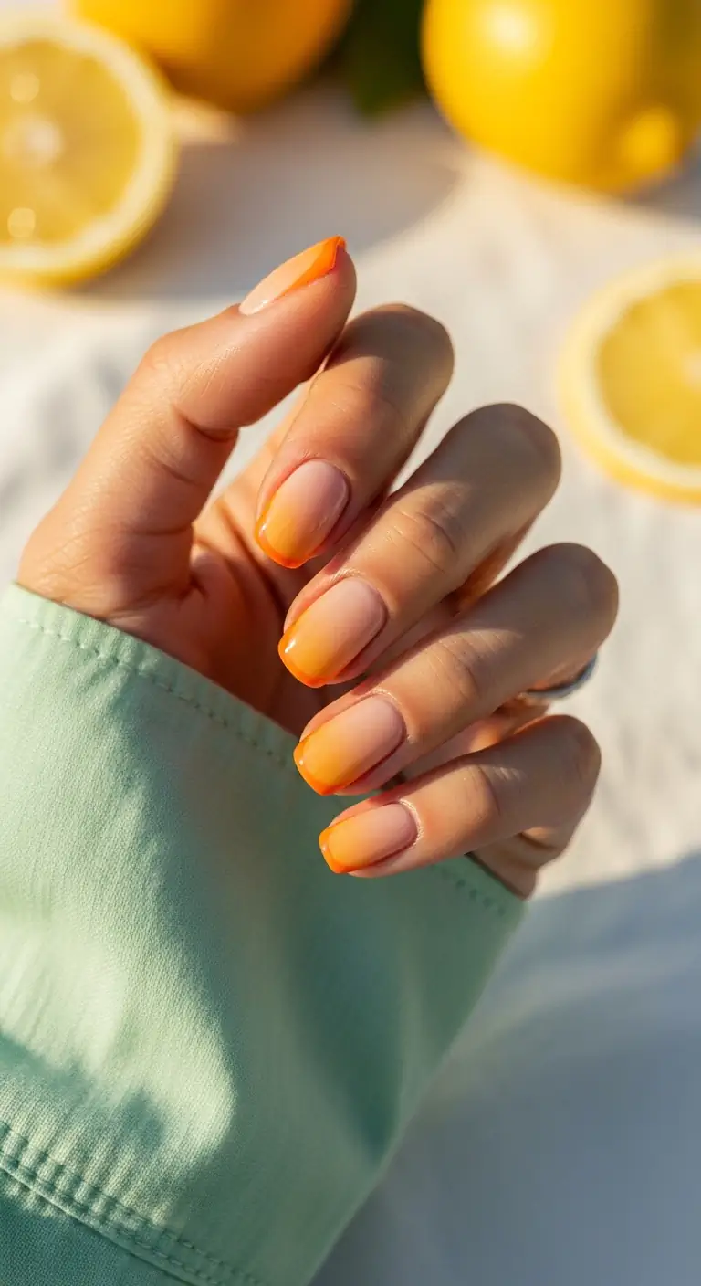 Short squoval nails with a nude base and bright orange-to-yellow ombre French tips